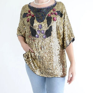 Vintage 90S Mark And John II Gold & Purple Floral Sequin 100% Silk Blouse M